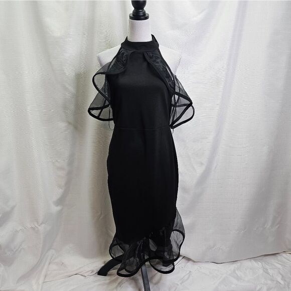 QUIZ Black Organza Ruffle Halterneck Bodycon Midi Dress Size US 10 - Picture 1 of 13
